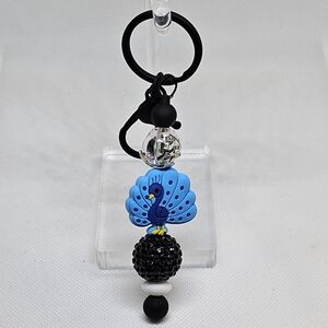 NWT Blue Peacock Bling and Beaded Black Metal Keychain